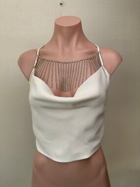 Nicholas Rhinestone Fringe Cowl Neck Ivory Crop Top – Women’s M